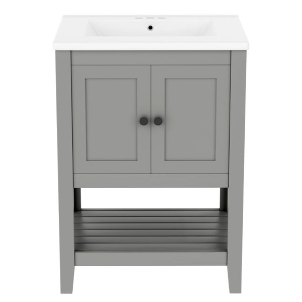 English Elm Video 24 Inch Freestanding Bathroom Vanity with Ceramic Basin Open Shelf Birch Wood Frame Grey N725P415556E