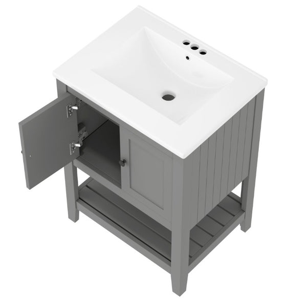 English Elm Video 24 Inch Freestanding Bathroom Vanity with Ceramic Basin Open Shelf Birch Wood Frame Grey N725P415556E