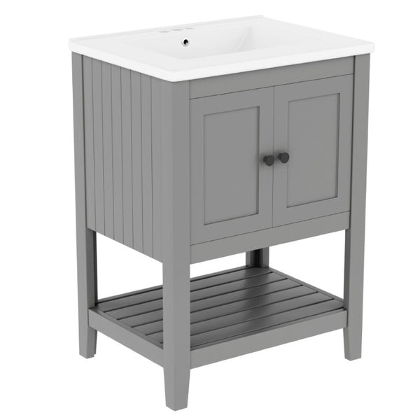 English Elm Video 24 Inch Freestanding Bathroom Vanity with Ceramic Basin Open Shelf Birch Wood Frame Grey N725P415556E