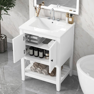 English Elm Video 24 Inch Freestanding Bathroom Vanity with Ceramic Basin Open Shelf Birch Wood Frame White N725P415556K