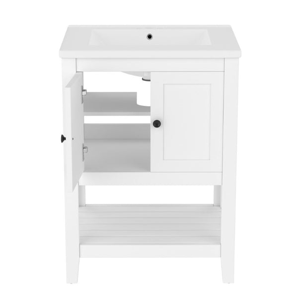English Elm Video 24 Inch Freestanding Bathroom Vanity with Ceramic Basin Open Shelf Birch Wood Frame White N725P415556K