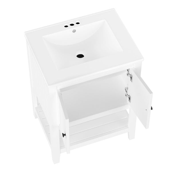 English Elm Video 24 Inch Freestanding Bathroom Vanity with Ceramic Basin Open Shelf Birch Wood Frame White N725P415556K