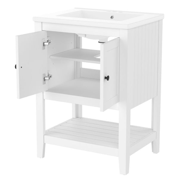 English Elm Video 24 Inch Freestanding Bathroom Vanity with Ceramic Basin Open Shelf Birch Wood Frame White N725P415556K