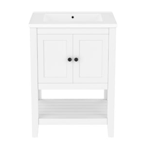 English Elm Video 24 Inch Freestanding Bathroom Vanity with Ceramic Basin Open Shelf Birch Wood Frame White N725P415556K