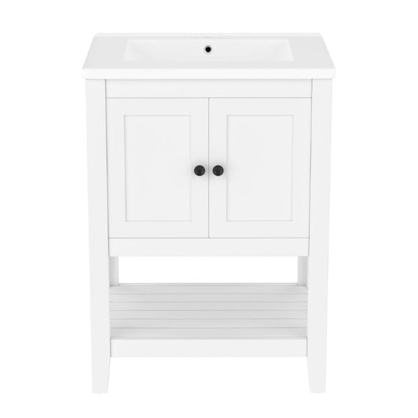 English Elm Video 24 Inch Freestanding Bathroom Vanity with Ceramic Basin Open Shelf Birch Wood Frame White N725P415556K
