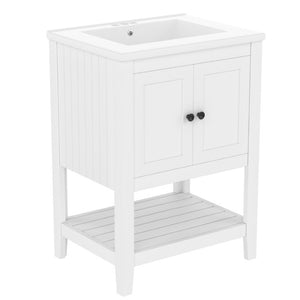 English Elm Video 24 Inch Freestanding Bathroom Vanity with Ceramic Basin Open Shelf Birch Wood Frame White N725P415556K