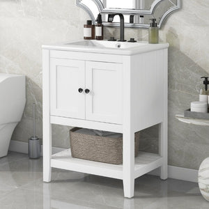 English Elm Video 24 Inch Freestanding Bathroom Vanity with Ceramic Basin Open Shelf Birch Wood Frame White N725P415556K