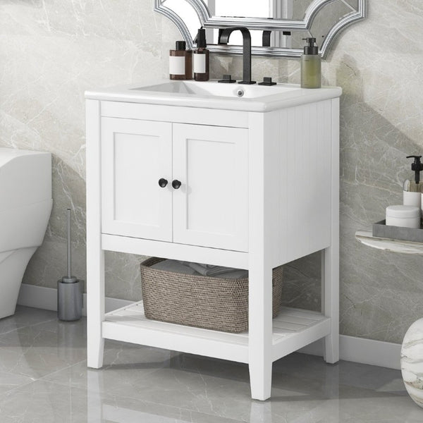 English Elm Video 24 Inch Freestanding Bathroom Vanity with Ceramic Basin Open Shelf Birch Wood Frame White N725P415556K