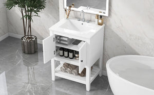 English Elm Video 24 Inch Freestanding Bathroom Vanity with Ceramic Basin Open Shelf Birch Wood Frame White N725P415556K