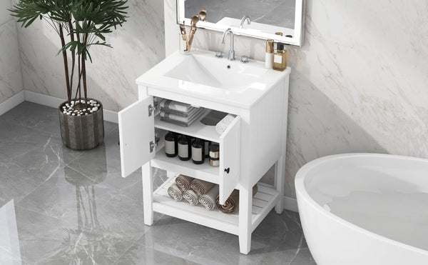 English Elm Video 24 Inch Freestanding Bathroom Vanity with Ceramic Basin Open Shelf Birch Wood Frame White N725P415556K