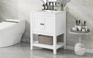 English Elm Video 24 Inch Freestanding Bathroom Vanity with Ceramic Basin Open Shelf Birch Wood Frame White N725P415556K