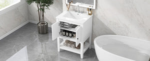 English Elm Video 24 Inch Freestanding Bathroom Vanity with Ceramic Basin Open Shelf Birch Wood Frame White N725P415556K