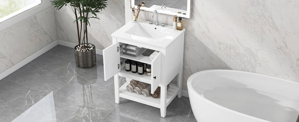 English Elm Video 24 Inch Freestanding Bathroom Vanity with Ceramic Basin Open Shelf Birch Wood Frame White N725P415556K