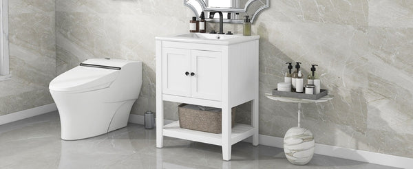 English Elm Video 24 Inch Freestanding Bathroom Vanity with Ceramic Basin Open Shelf Birch Wood Frame White N725P415556K