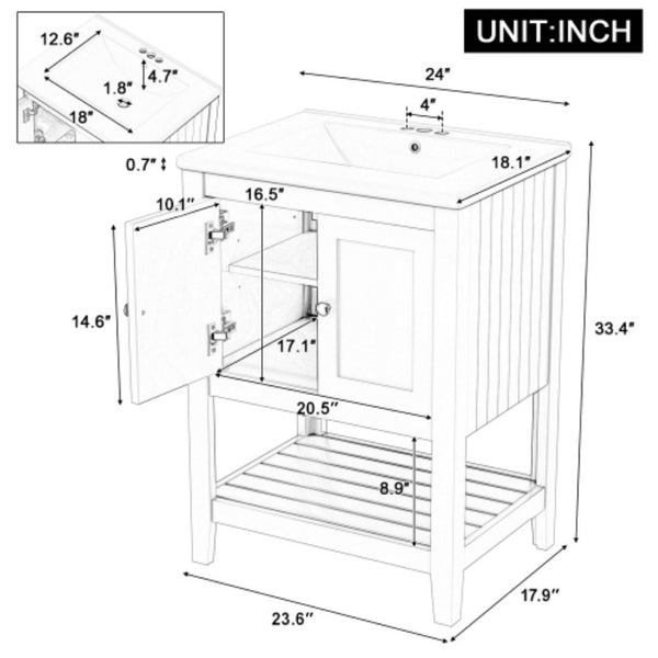 English Elm Video 24 Inch Freestanding Bathroom Vanity with Ceramic Basin Open Shelf Birch Wood Frame White N725P415556K