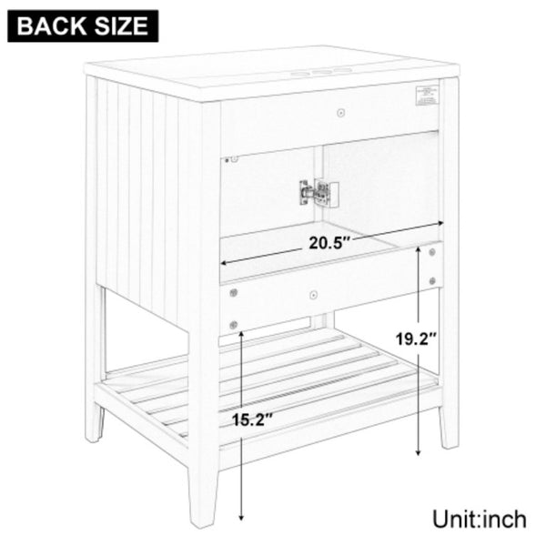 English Elm Video 24 Inch Freestanding Bathroom Vanity with Ceramic Basin Open Shelf Birch Wood Frame White N725P415556K