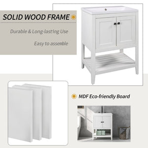 English Elm Video 24 Inch Freestanding Bathroom Vanity with Ceramic Basin Open Shelf Birch Wood Frame White N725P415556K