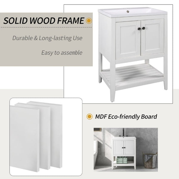 English Elm Video 24 Inch Freestanding Bathroom Vanity with Ceramic Basin Open Shelf Birch Wood Frame White N725P415556K
