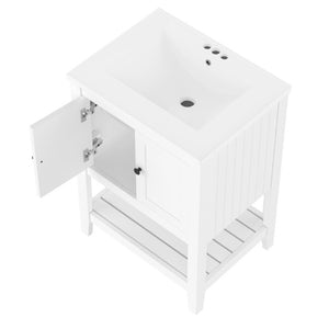 English Elm Video 24 Inch Freestanding Bathroom Vanity with Ceramic Basin Open Shelf Birch Wood Frame White N725P415556K