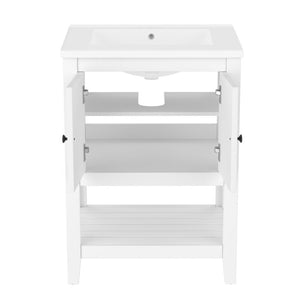 English Elm Video 24 Inch Freestanding Bathroom Vanity with Ceramic Basin Open Shelf Birch Wood Frame White N725P415556K