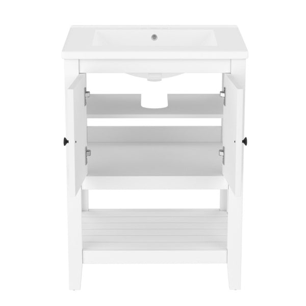 English Elm Video 24 Inch Freestanding Bathroom Vanity with Ceramic Basin Open Shelf Birch Wood Frame White N725P415556K