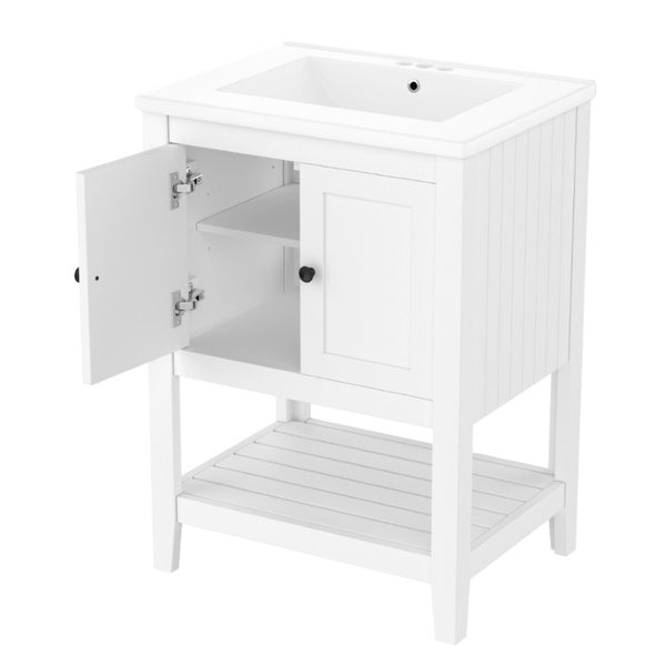 English Elm Video 24 Inch Freestanding Bathroom Vanity with Ceramic Basin Open Shelf Birch Wood Frame White N725P415556K