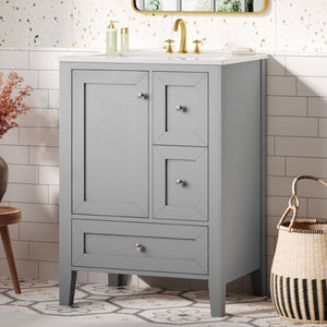 English Elm 24 Inch Freestanding Bathroom Vanity Solid Poplar Frame Ceramic Sink Modern Storage Grey N725P448532E