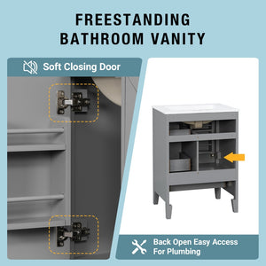 English Elm 24 Inch Freestanding Bathroom Vanity Solid Poplar Frame Ceramic Sink Modern Storage Grey N725P448532E
