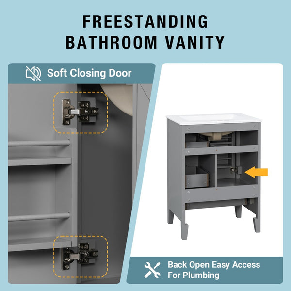 English Elm 24 Inch Freestanding Bathroom Vanity Solid Poplar Frame Ceramic Sink Modern Storage Grey N725P448532E