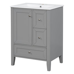 English Elm 24 Inch Freestanding Bathroom Vanity Solid Poplar Frame Ceramic Sink Modern Storage Grey N725P448532E