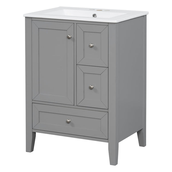 English Elm 24 Inch Freestanding Bathroom Vanity Solid Poplar Frame Ceramic Sink Modern Storage Grey N725P448532E
