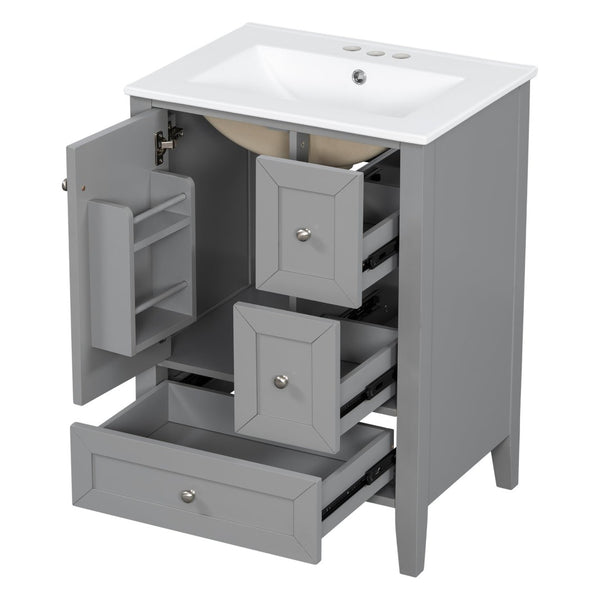 English Elm 24 Inch Freestanding Bathroom Vanity Solid Poplar Frame Ceramic Sink Modern Storage Grey N725P448532E