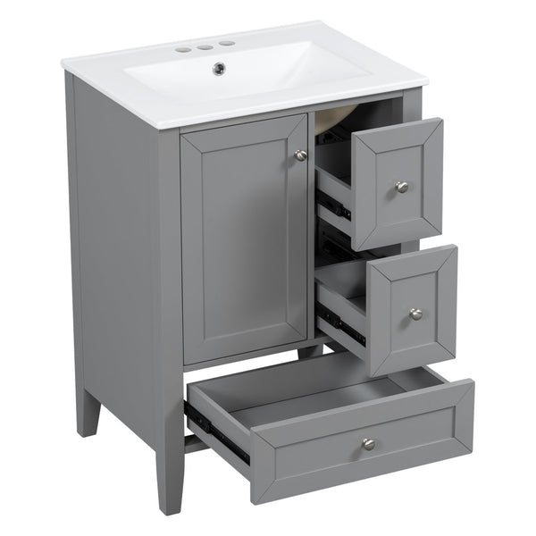 English Elm 24 Inch Freestanding Bathroom Vanity Solid Poplar Frame Ceramic Sink Modern Storage Grey N725P448532E