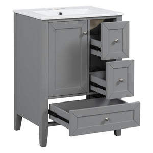 English Elm 24 Inch Freestanding Bathroom Vanity Solid Poplar Frame Ceramic Sink Modern Storage Grey N725P448532E