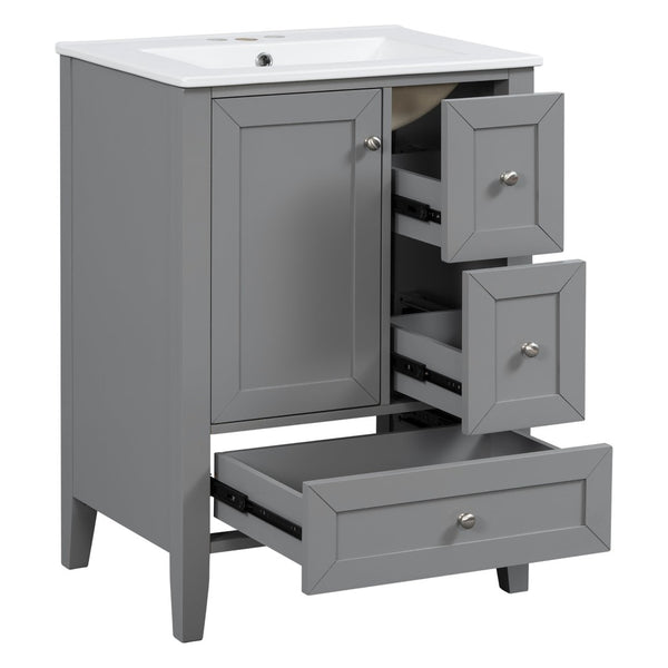 English Elm 24 Inch Freestanding Bathroom Vanity Solid Poplar Frame Ceramic Sink Modern Storage Grey N725P448532E