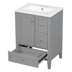 English Elm 24 Inch Freestanding Bathroom Vanity Solid Poplar Frame Ceramic Sink Modern Storage Grey N725P448532E