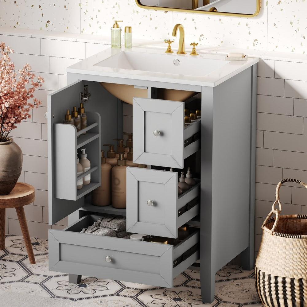 English Elm 24 Inch Freestanding Bathroom Vanity Solid Poplar Frame Ceramic Sink Modern Storage Grey N725P448532E