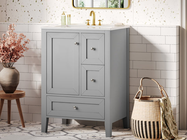 English Elm 24 Inch Freestanding Bathroom Vanity Solid Poplar Frame Ceramic Sink Modern Storage Grey N725P448532E