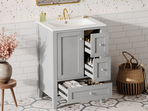 English Elm 24 Inch Freestanding Bathroom Vanity Solid Poplar Frame Ceramic Sink Modern Storage Grey N725P448532E