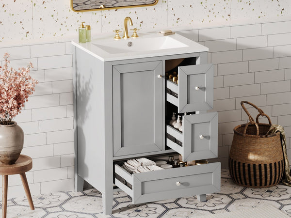 English Elm 24 Inch Freestanding Bathroom Vanity Solid Poplar Frame Ceramic Sink Modern Storage Grey N725P448532E