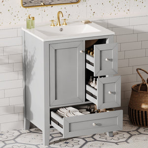 English Elm 24 Inch Freestanding Bathroom Vanity Solid Poplar Frame Ceramic Sink Modern Storage Grey N725P448532E