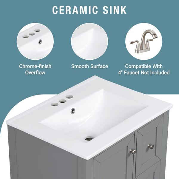 English Elm 24 Inch Freestanding Bathroom Vanity Solid Poplar Frame Ceramic Sink Modern Storage Grey N725P448532E