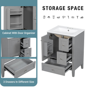 English Elm 24 Inch Freestanding Bathroom Vanity Solid Poplar Frame Ceramic Sink Modern Storage Grey N725P448532E