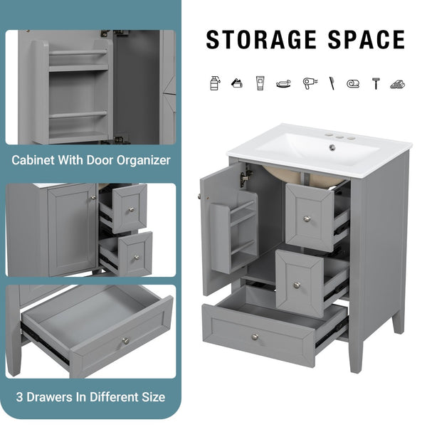 English Elm 24 Inch Freestanding Bathroom Vanity Solid Poplar Frame Ceramic Sink Modern Storage Grey N725P448532E