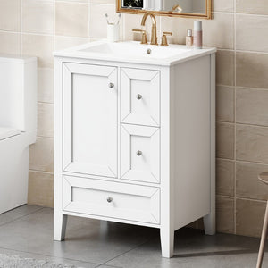 English Elm 24 Inch Freestanding Bathroom Vanity Solid Poplar Frame Ceramic Sink Modern Storage White N725P448532K