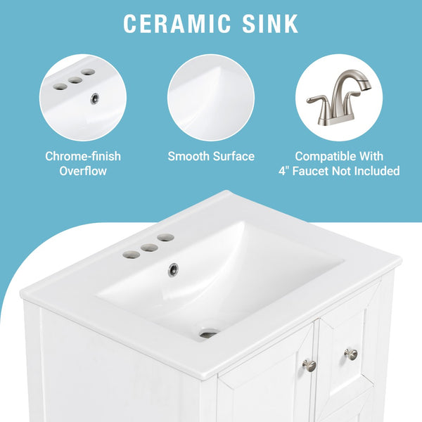 English Elm 24 Inch Freestanding Bathroom Vanity Solid Poplar Frame Ceramic Sink Modern Storage White N725P448532K