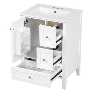 English Elm 24 Inch Freestanding Bathroom Vanity Solid Poplar Frame Ceramic Sink Modern Storage White N725P448532K