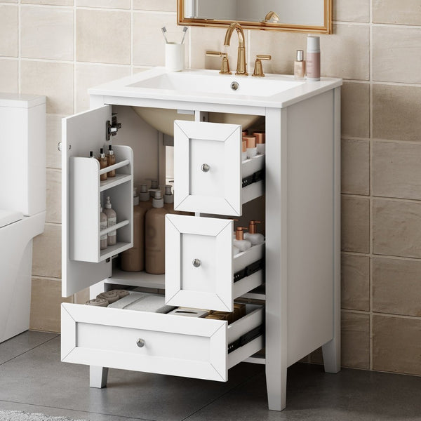 English Elm 24 Inch Freestanding Bathroom Vanity Solid Poplar Frame Ceramic Sink Modern Storage White N725P448532K