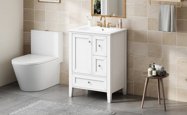 English Elm 24 Inch Freestanding Bathroom Vanity Solid Poplar Frame Ceramic Sink Modern Storage White N725P448532K