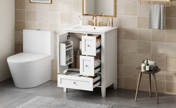 English Elm 24 Inch Freestanding Bathroom Vanity Solid Poplar Frame Ceramic Sink Modern Storage White N725P448532K